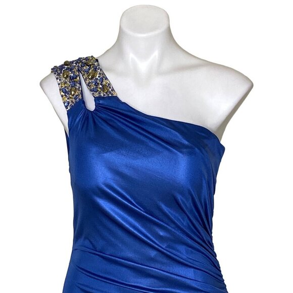 Cachet NWT One-Shoulder Beaded Formal Maxi Dress, Blue Women's Size 10 - Picture 2 of 11